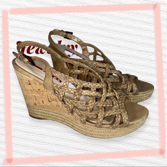 Prada Tan Braided Leather Wedges Size 36.5 Authentic - Picture 1 of 13